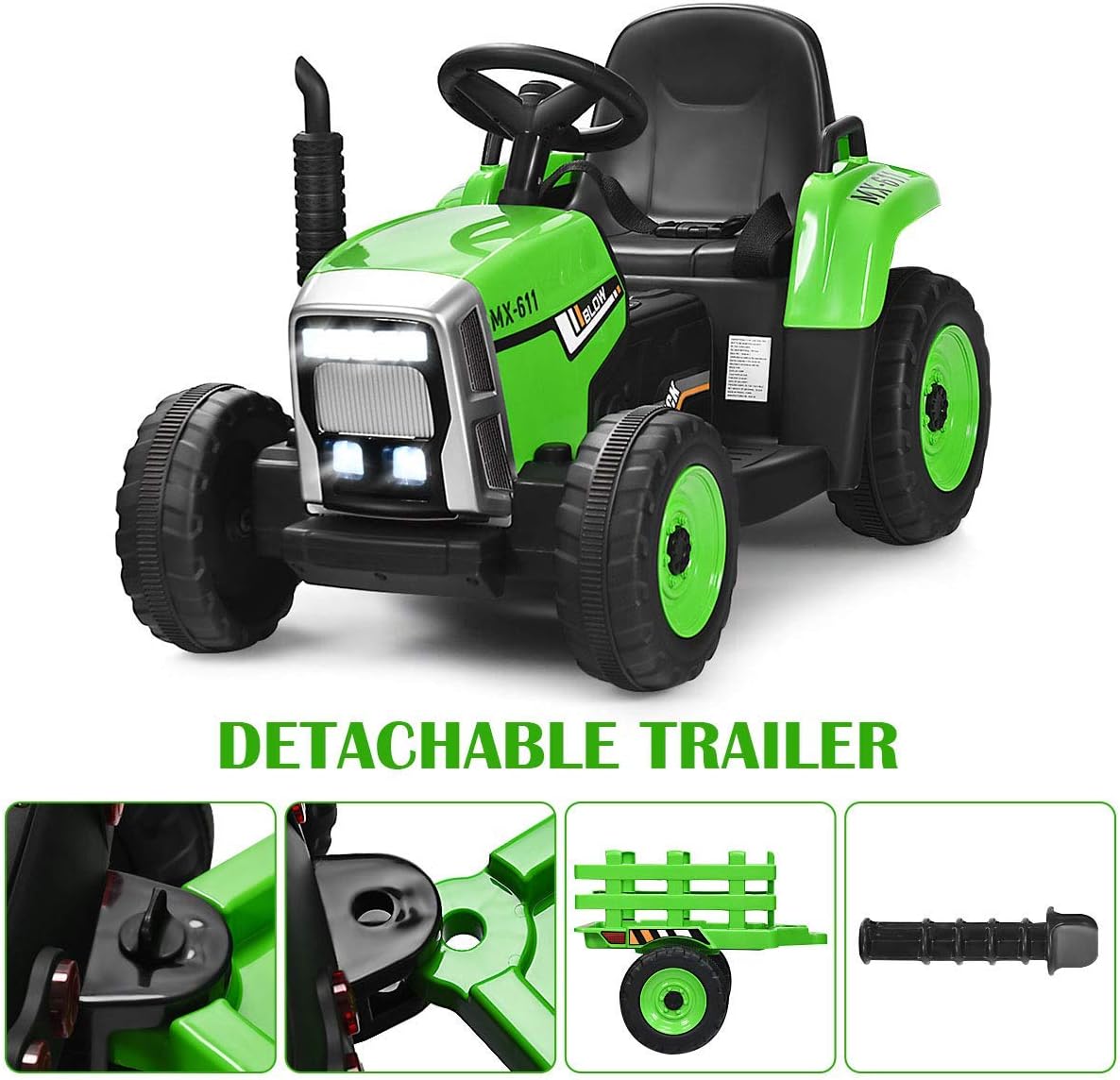 Costzon Ride on Tractor with Detachable Trailer 12V Kids Electric Vehicles w/3-Gear-Shift Ground Loader Wireless Design & USB 7 LED Headlights Remote Control Tractor Toys for Kids 3+ (Green)
