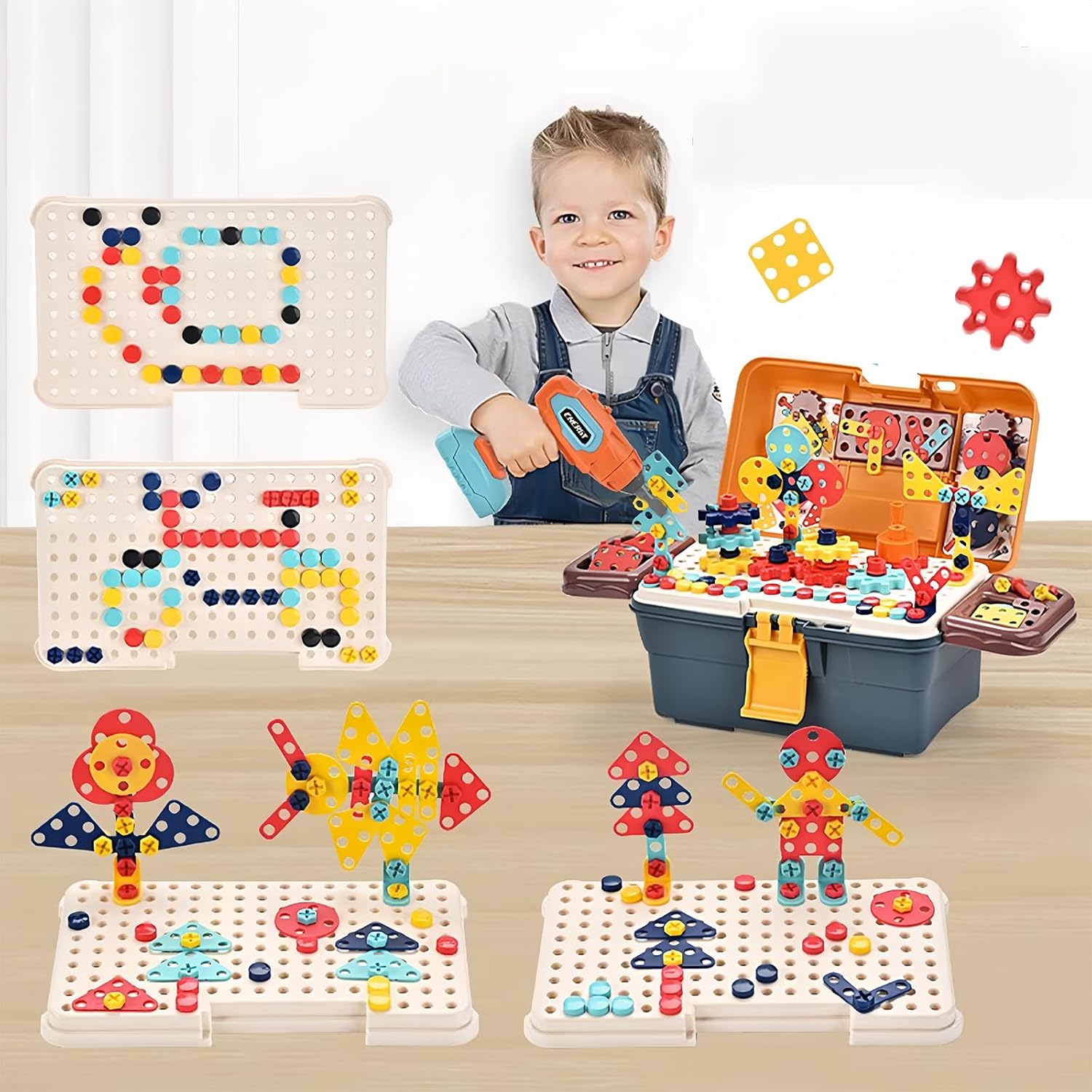 RSEPD Magic Montessori Play Toolbox with Electric Drill Kids Tool Set Real Toddler Screwdriver Toy Power Tools Box Drill and Screw kit for Boys Girls