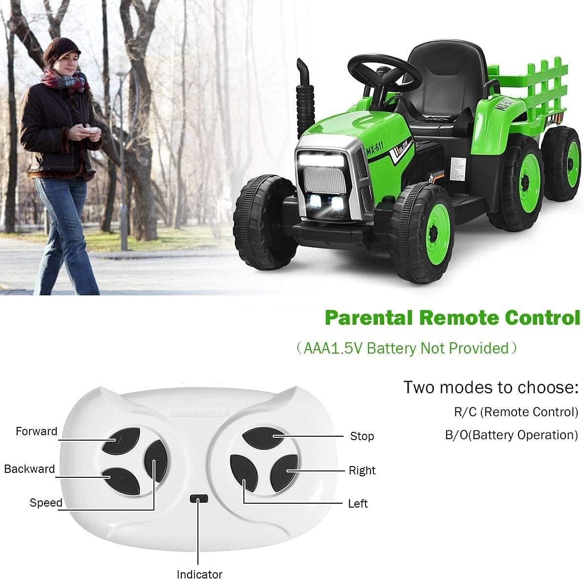 Costzon Ride on Tractor with Detachable Trailer 12V Kids Electric Vehicles w/3-Gear-Shift Ground Loader Wireless Design & USB 7 LED Headlights Remote Control Tractor Toys for Kids 3+ (Green)