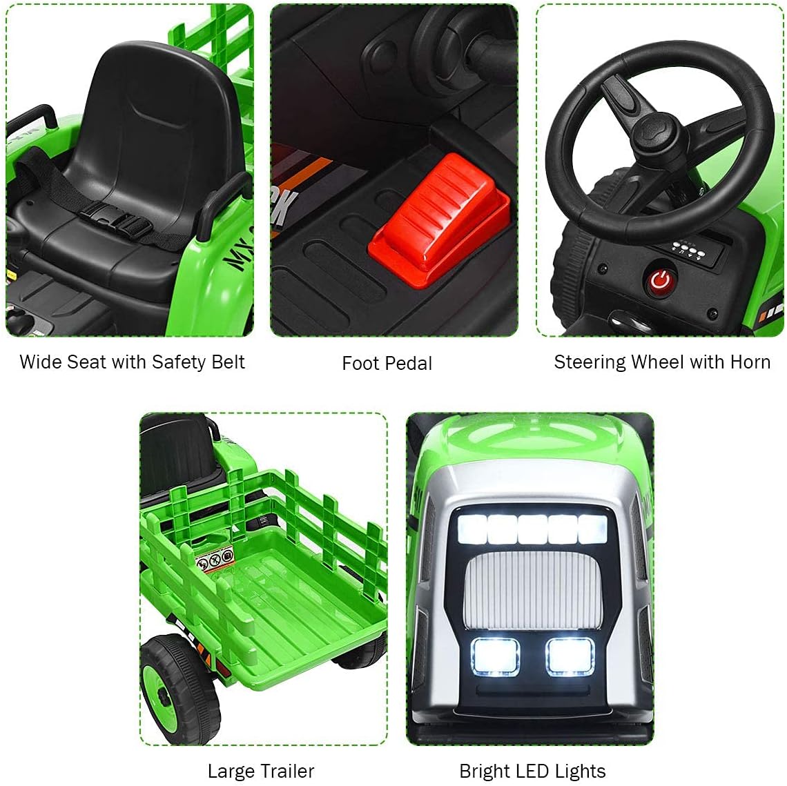 Costzon Ride on Tractor with Detachable Trailer 12V Kids Electric Vehicles w/3-Gear-Shift Ground Loader Wireless Design & USB 7 LED Headlights Remote Control Tractor Toys for Kids 3+ (Green)