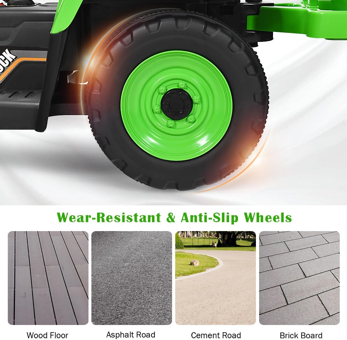 Costzon Ride on Tractor with Detachable Trailer 12V Kids Electric Vehicles w/3-Gear-Shift Ground Loader Wireless Design & USB 7 LED Headlights Remote Control Tractor Toys for Kids 3+ (Green)