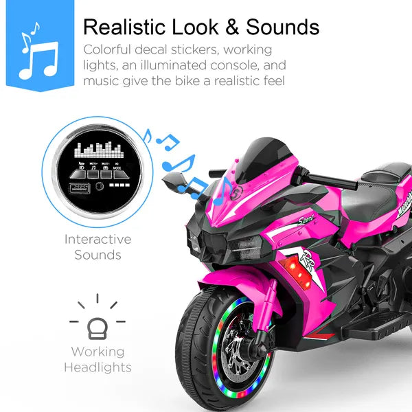 Kids Powered Ride-ons Toy, Kids Motorcycle For 3-6 Years, 12V Electric Ride On Motorcycle With Light Wheel & Bluetooth Music-Pink