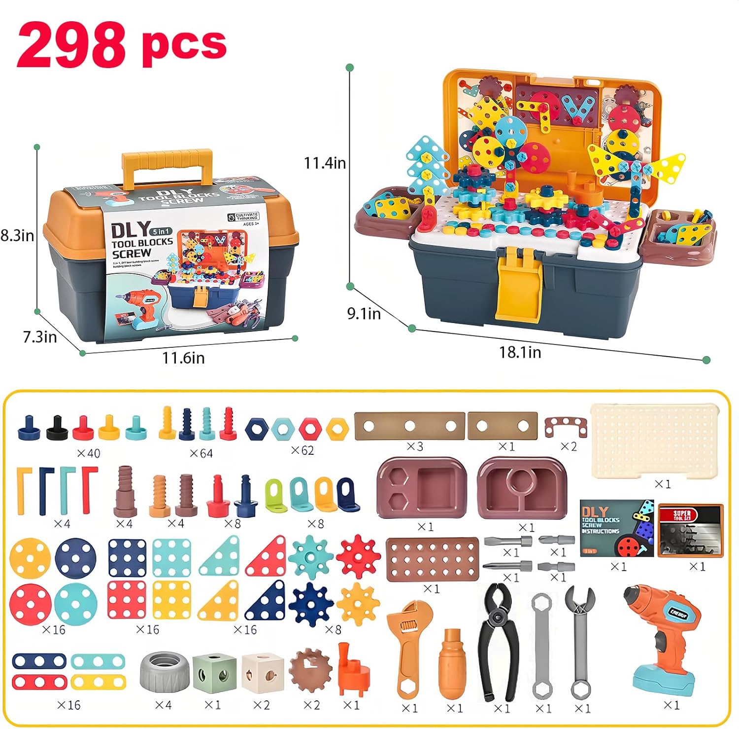 RSEPD Magic Montessori Play Toolbox with Electric Drill Kids Tool Set Real Toddler Screwdriver Toy Power Tools Box Drill and Screw kit for Boys Girls