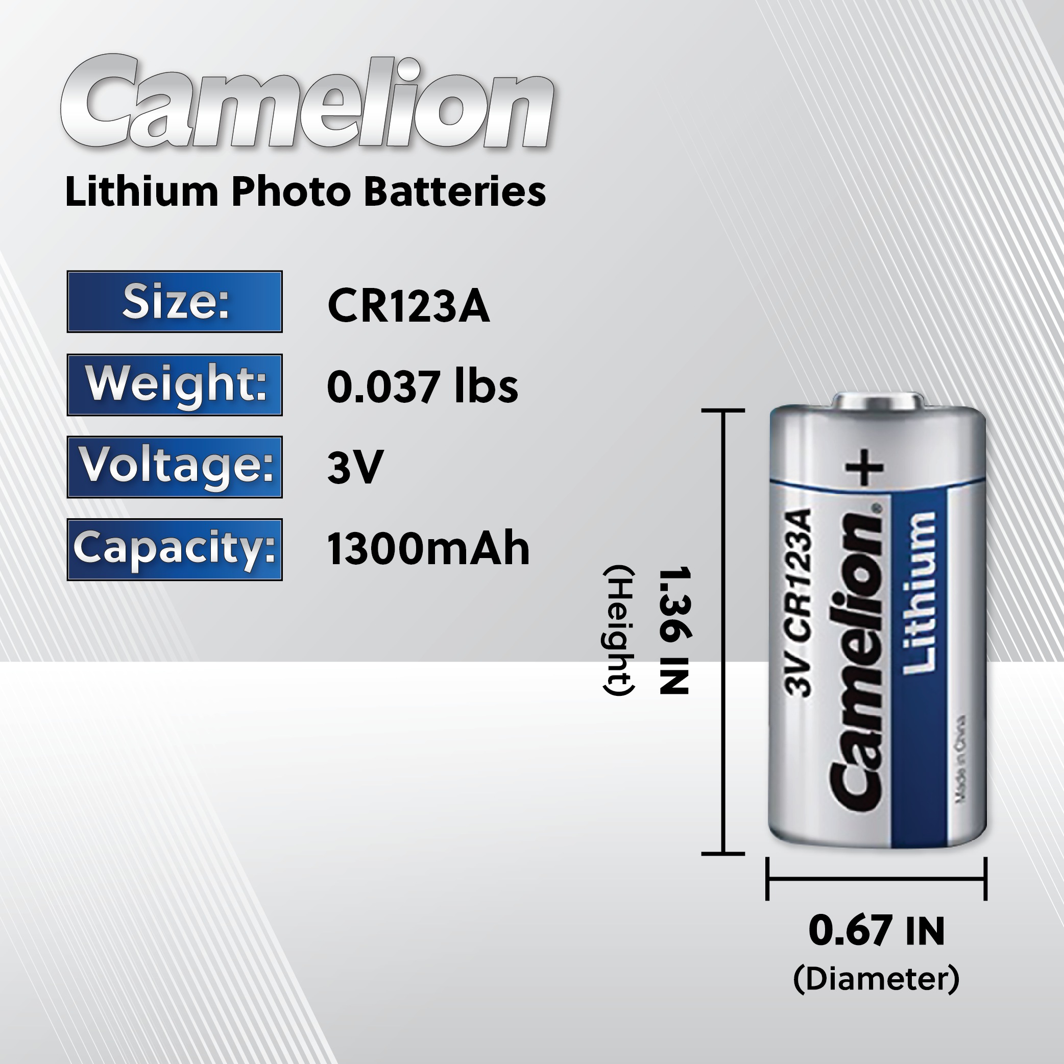 Camelion CR123A 3V Lithium Primary - Non Rechargeable