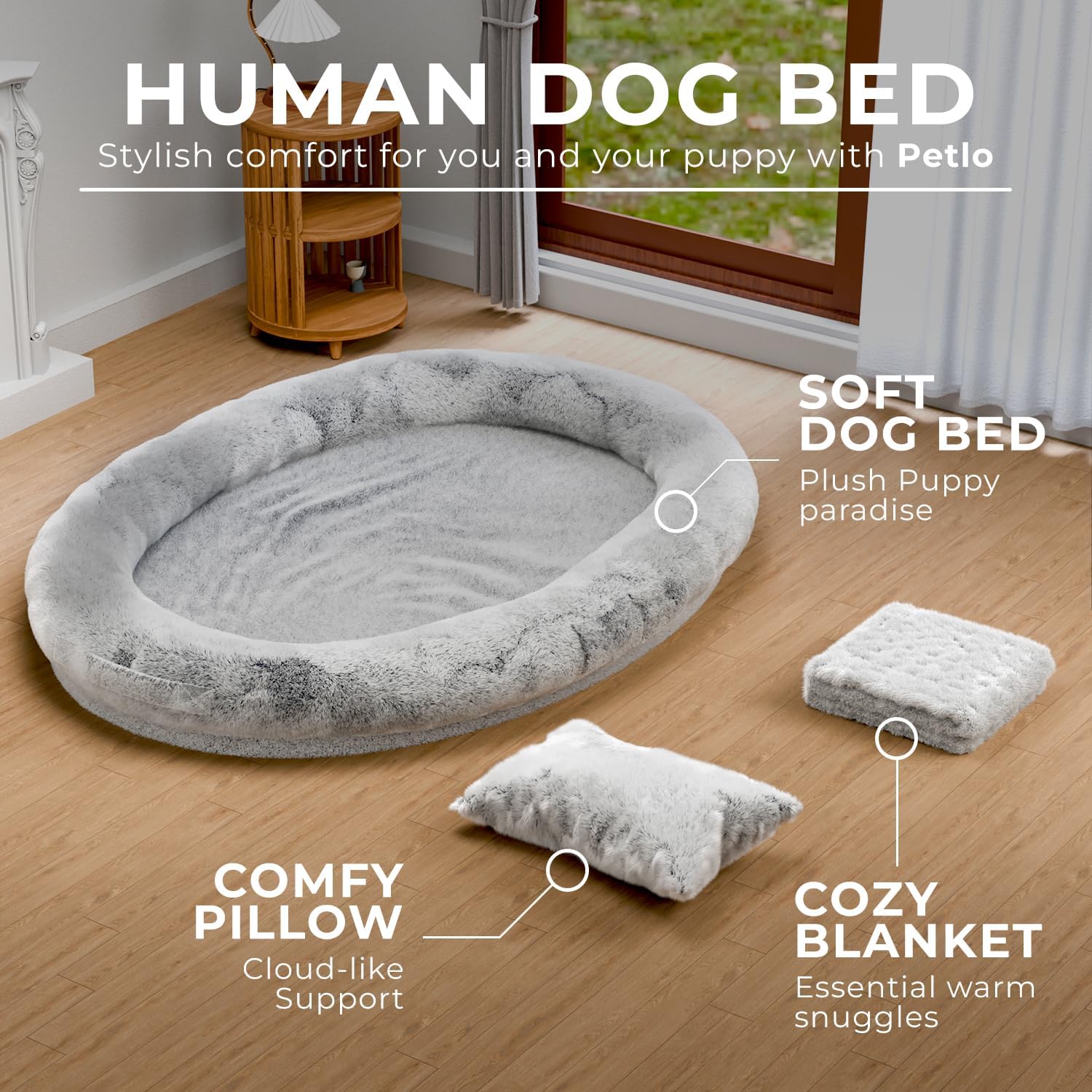 Oversized Human Dog Bed – 72" x 48" Orthopedic Memory Foam Lounger with Washable Faux Fur Cover, Blanket & Pillow for Adults & Large Dogs (Grey)