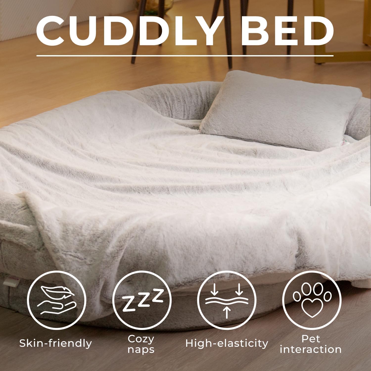 Oversized Human Dog Bed – 72" x 48" Orthopedic Memory Foam Lounger with Washable Faux Fur Cover, Blanket & Pillow for Adults & Large Dogs (Grey)