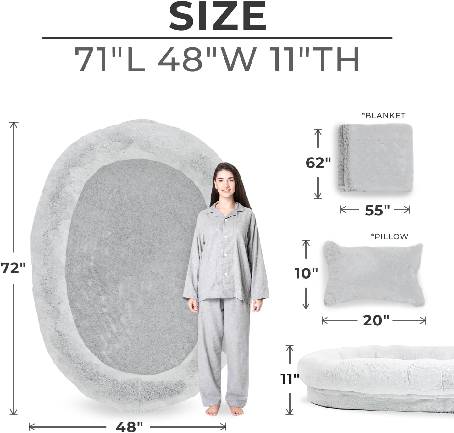Oversized Human Dog Bed – 72" x 48" Orthopedic Memory Foam Lounger with Washable Faux Fur Cover, Blanket & Pillow for Adults & Large Dogs (Grey)