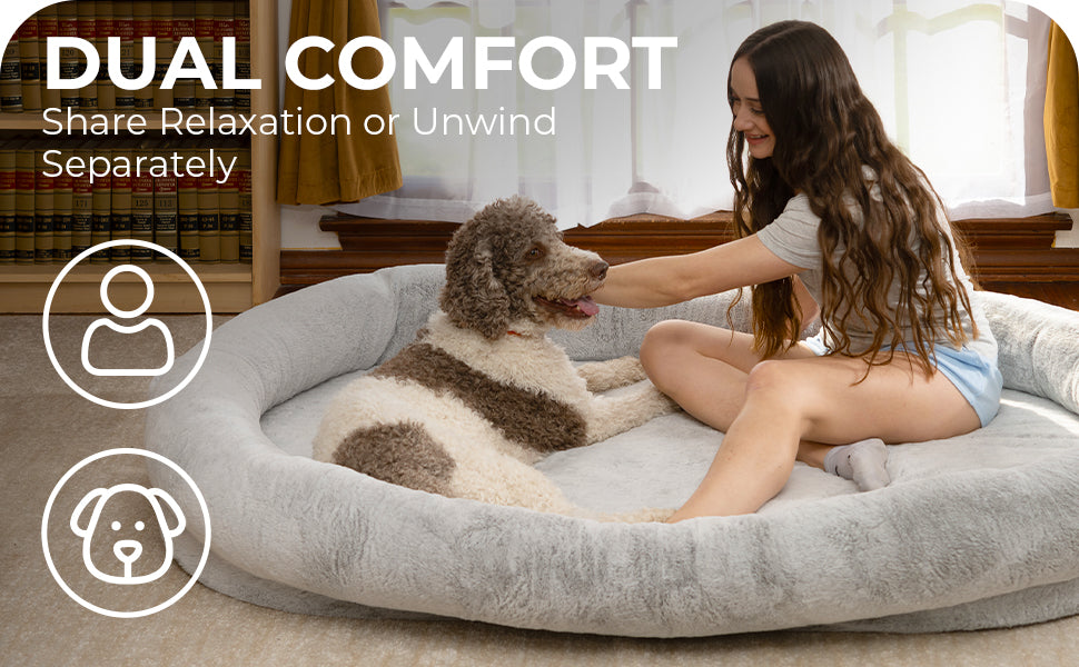 Oversized Human Dog Bed – 72" x 48" Orthopedic Memory Foam Lounger with Washable Faux Fur Cover, Blanket & Pillow for Adults & Large Dogs (Grey)