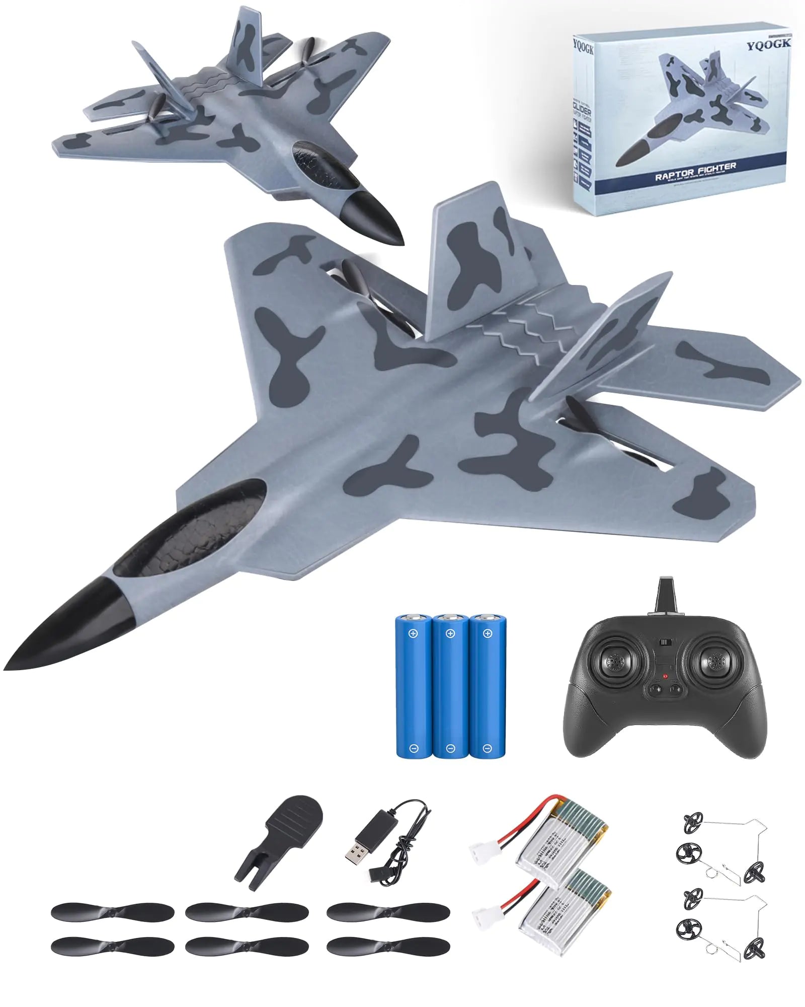 YQOGK RC Plane Toys for Boys and Adults: F22 Raptor Jet Airplane Model for Hobby Beginners with 2.4GHz Remote Control RC Glider Fighter Army Toys for Kids Teens 8 10 12 Grey