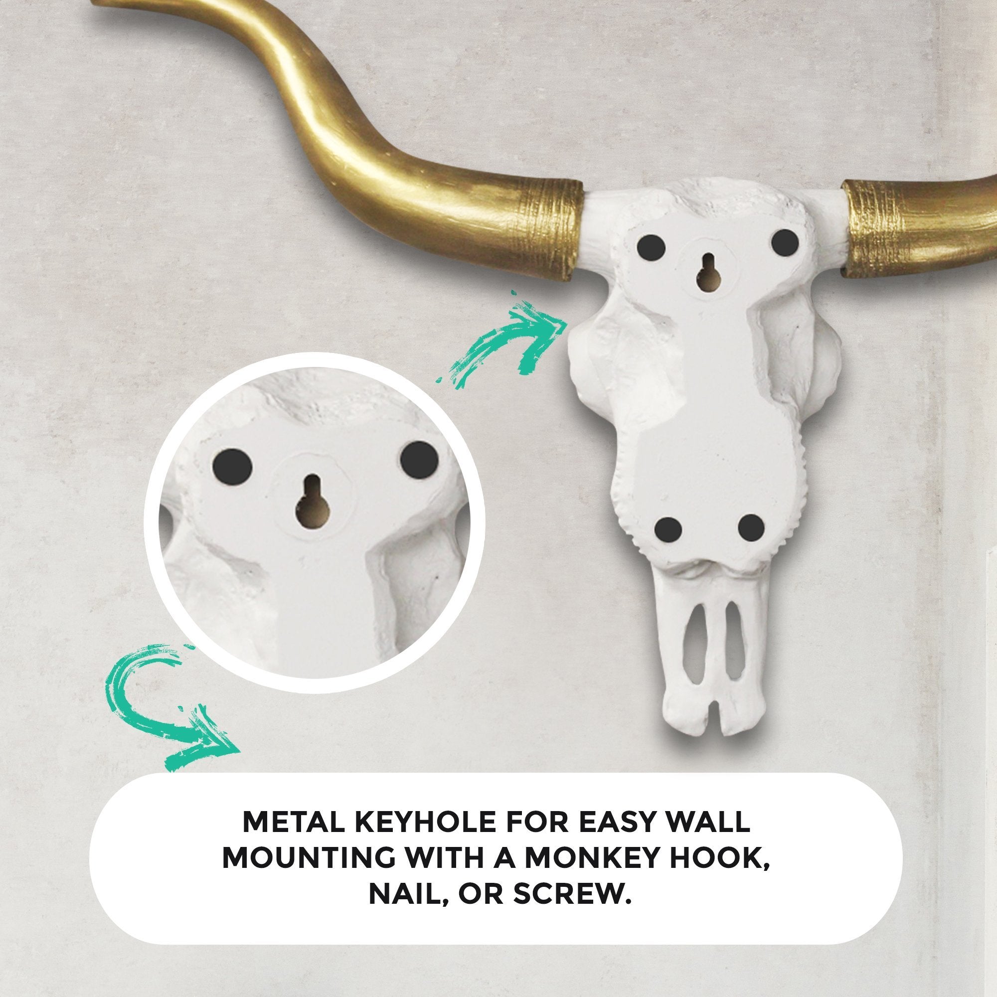 White + Gold Mini Faux Longhorn Skull, 20"