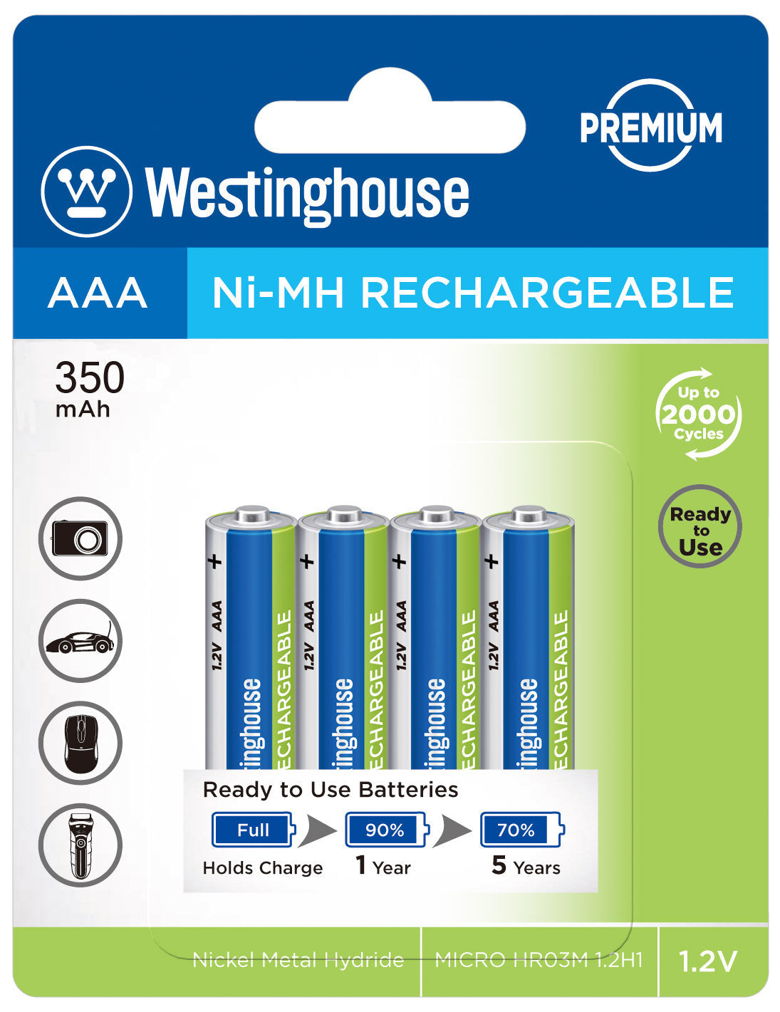 Westinghouse AAA Ni-Mh Rechargeable Batteries 350mAh Blister Pack of 4
