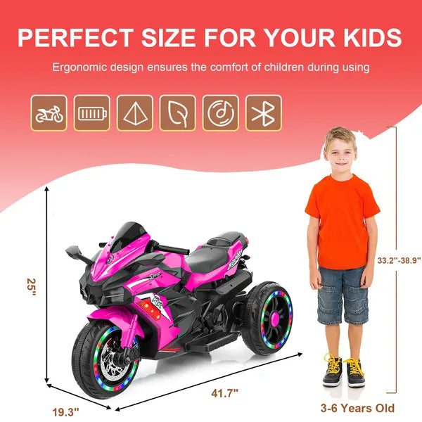 Kids Powered Ride-ons Toy, Kids Motorcycle For 3-6 Years, 12V Electric Ride On Motorcycle With Light Wheel & Bluetooth Music-Pink