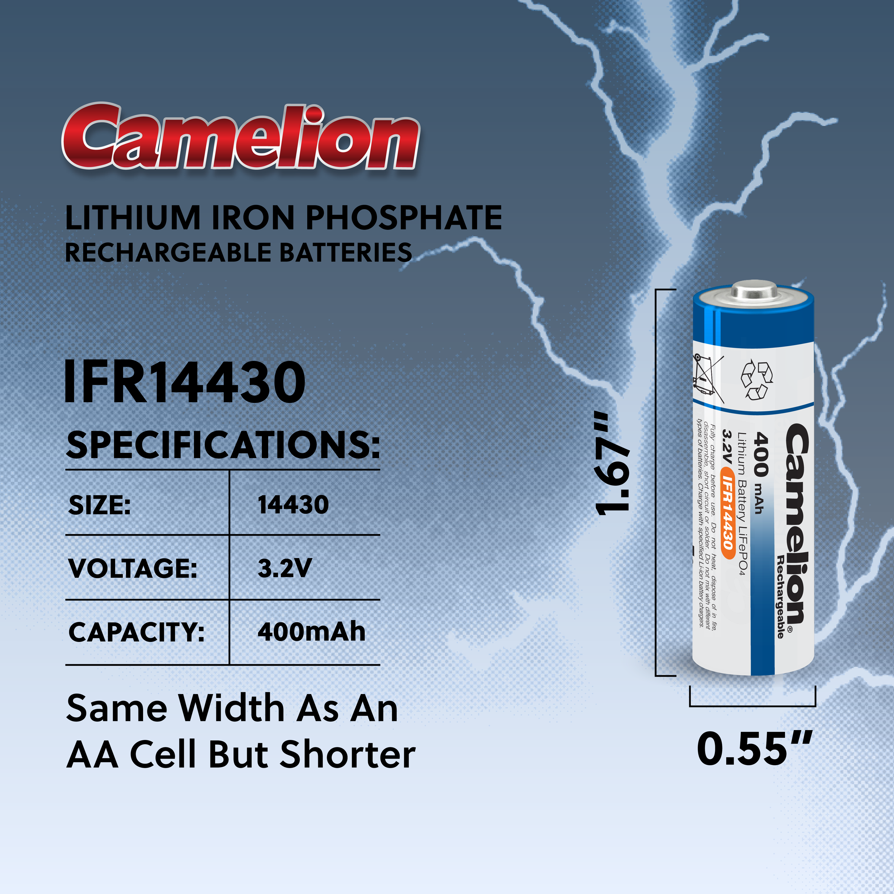Camelion IFR14430 Lithium Iron Phosphate Rechargeable Battery 400mAh