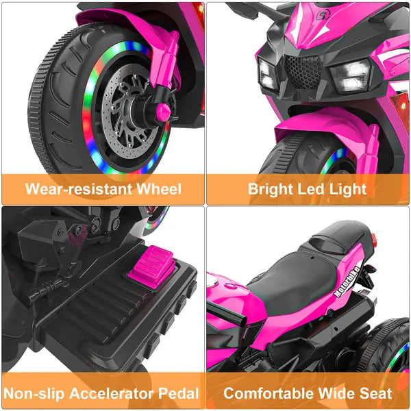 Kids Powered Ride-ons Toy, Kids Motorcycle For 3-6 Years, 12V Electric Ride On Motorcycle With Light Wheel & Bluetooth Music-Pink