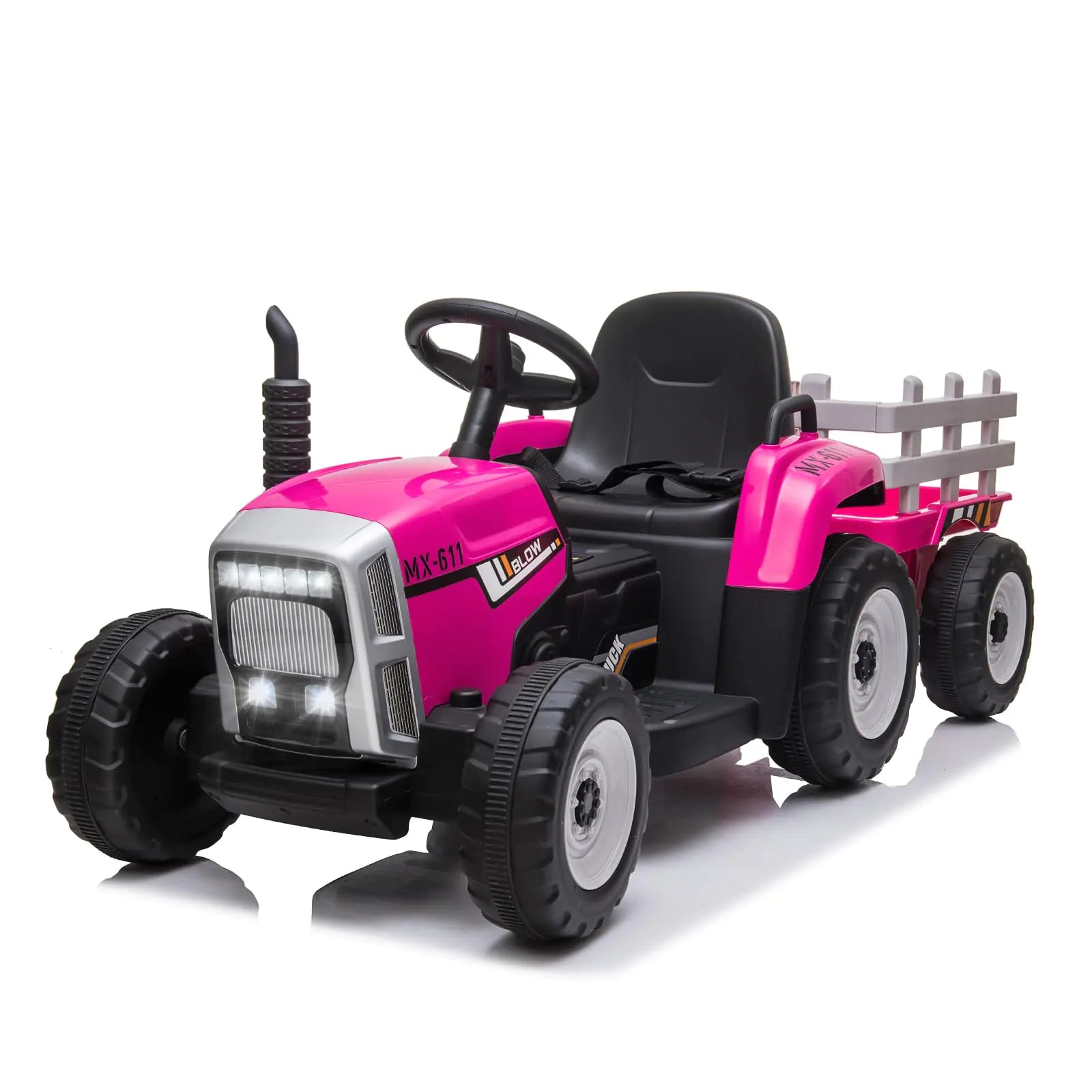 SEHOMY Pink Kids Ride on Tractor with Trailer and Dual 25W Motors 12V Battery Powered Electric Kids Vehicle Car with Remote Control 3-Gear-Shift Music LED LightsUSB Four Wheelers for Girls