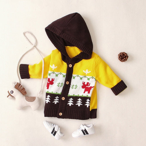 Baby Cartoon Christmas Giraffe Pattern Contrast Design Sweater Cardiga