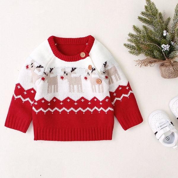 Baby Cartoon Christmas Deer Pattern Shoulder Button Design Knitted
