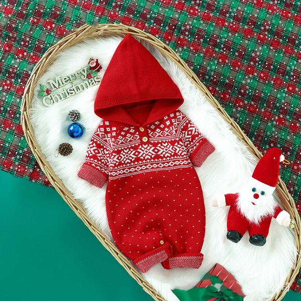Baby Boy And Girl Christmas Print Pattern Knit Hooded Jumpsuits