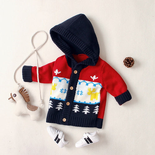 Baby Cartoon Christmas Giraffe Pattern Contrast Design Sweater Cardiga