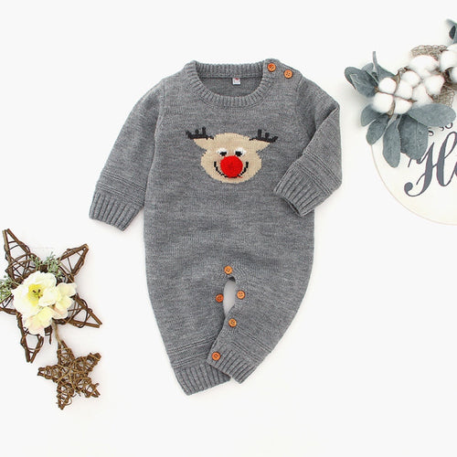 Baby Christmas Elk Pattern Solid Color Knitted Sweater Rompers