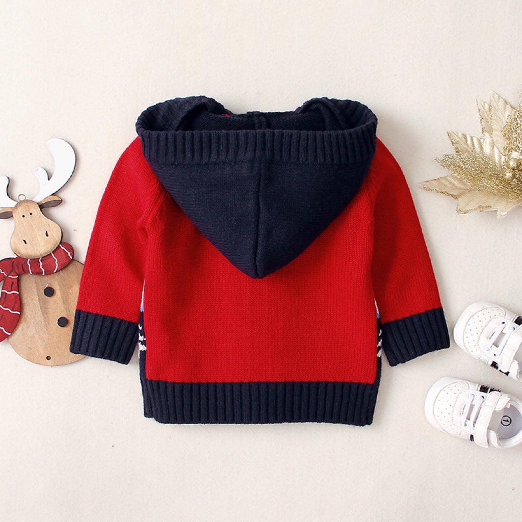 Baby Cartoon Christmas Giraffe Pattern Contrast Design Sweater Cardiga