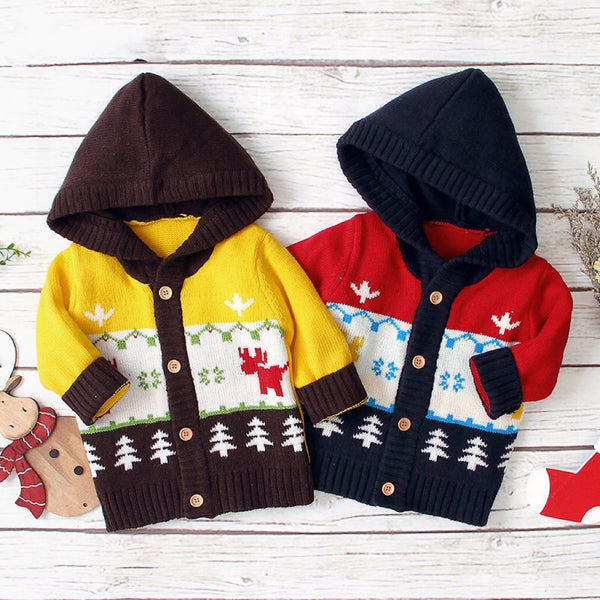 Baby Cartoon Christmas Giraffe Pattern Contrast Design Sweater Cardiga