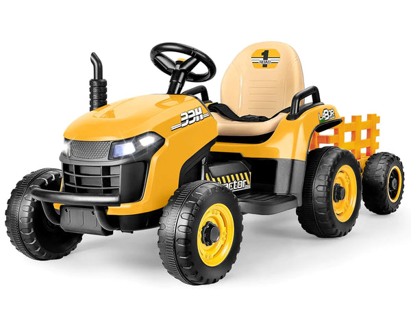 ARBELI 12V 7AH Ride on Tractor w/Tiltable Trailer & Remote Control 2x45W Motors Bluetooth Music Shifter Electric Car for Kids Ages 2-5Yellow