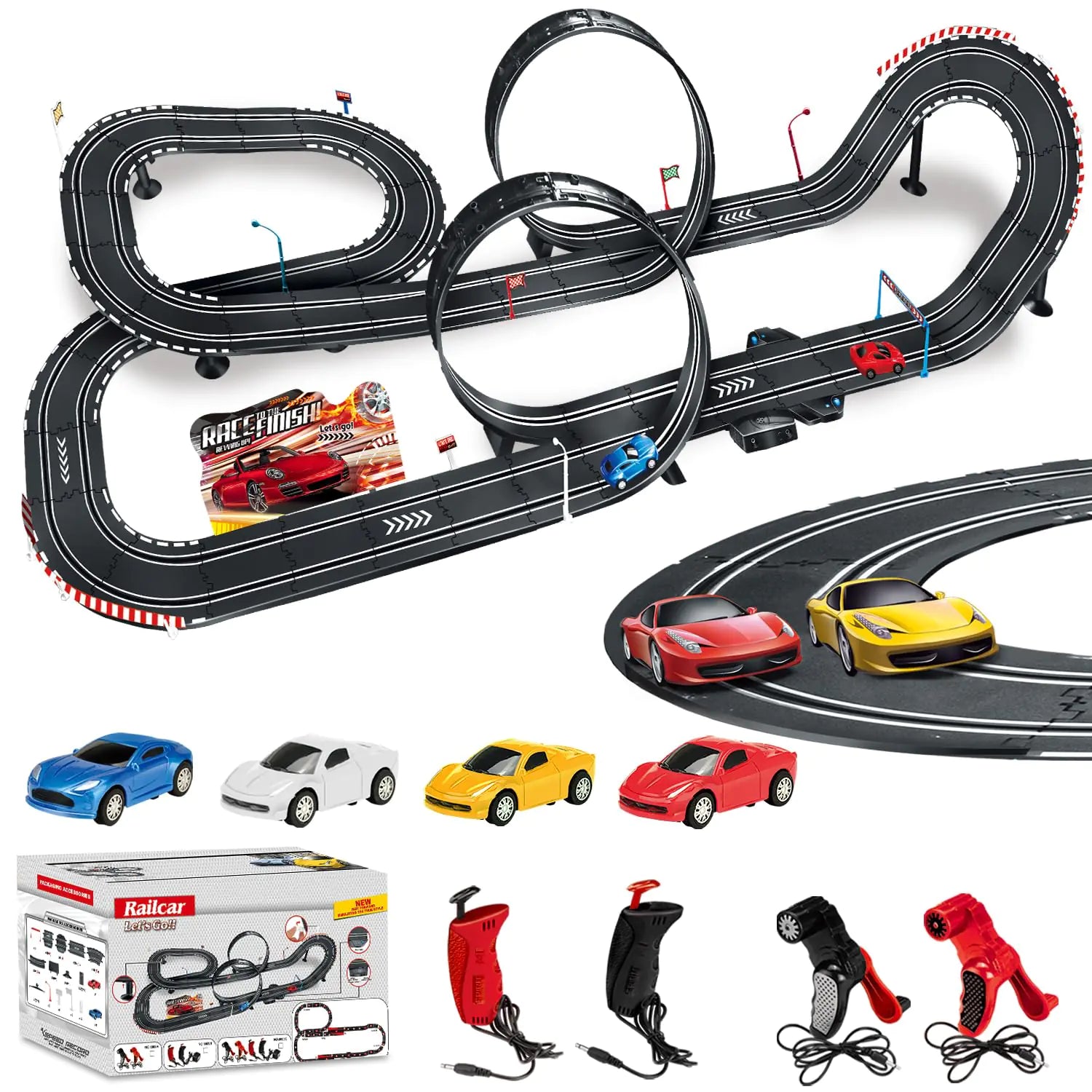 Tucraew Slot Car Race Track Sets Electric Race Car Track with 4 High-Speed Slot Cars 2 Electric Controller and 2 Manual Controller Circular Overpass Track Gift for Kids Ages 6 7 8-12