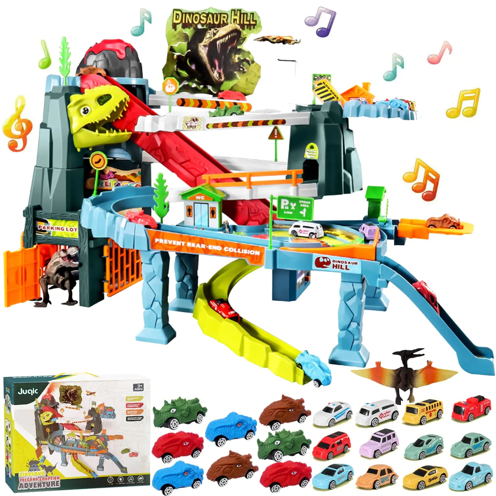 Juqic Childrens Toy Car Ramp Track Dinosaur Spray Hills Adventure Railcar Slot Car Vehicle Race Play Set with 20 Mini Cars for Preschool Boys Puzzles Gifts Kids Ages 3 to 6 or Older (Spray Dinosaur)
