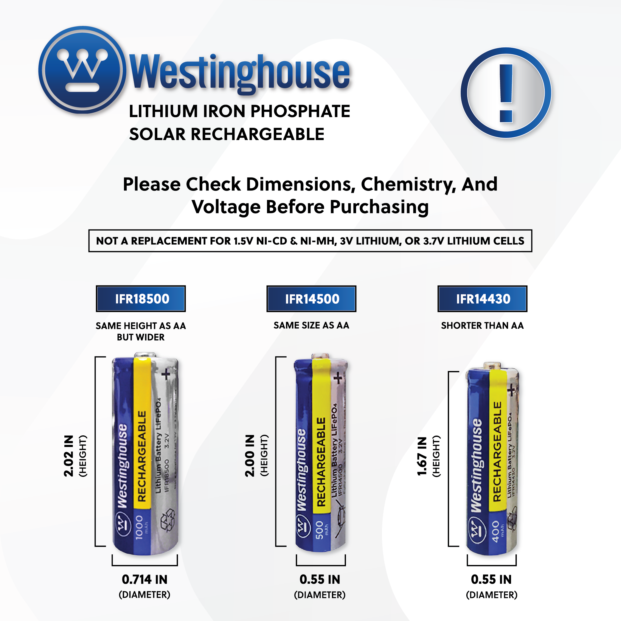 Westinghouse IFR18500 Lithium Iron Phosphate 3.2V 1000mAh Rechargeable
